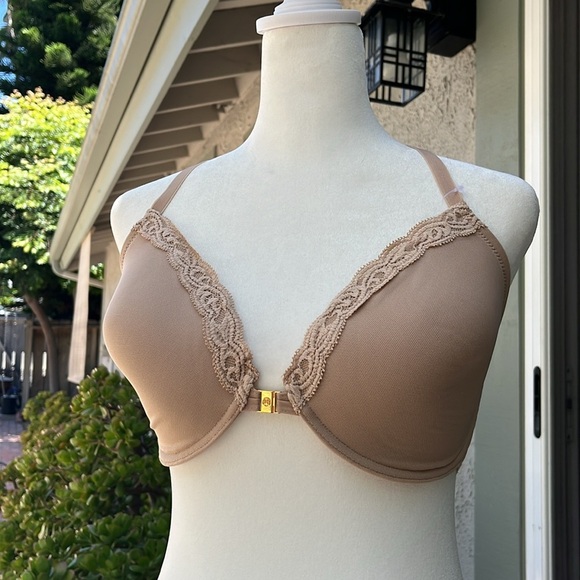 NWT Natori Tan Cafe and Cream Lace Trimmed Bra 36DD Front Closure - Picture 1 of 13